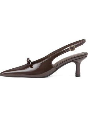 Women Chocolate Bow Ankle Strap Pointed Toe Slingback Buckle Kitten Heels
